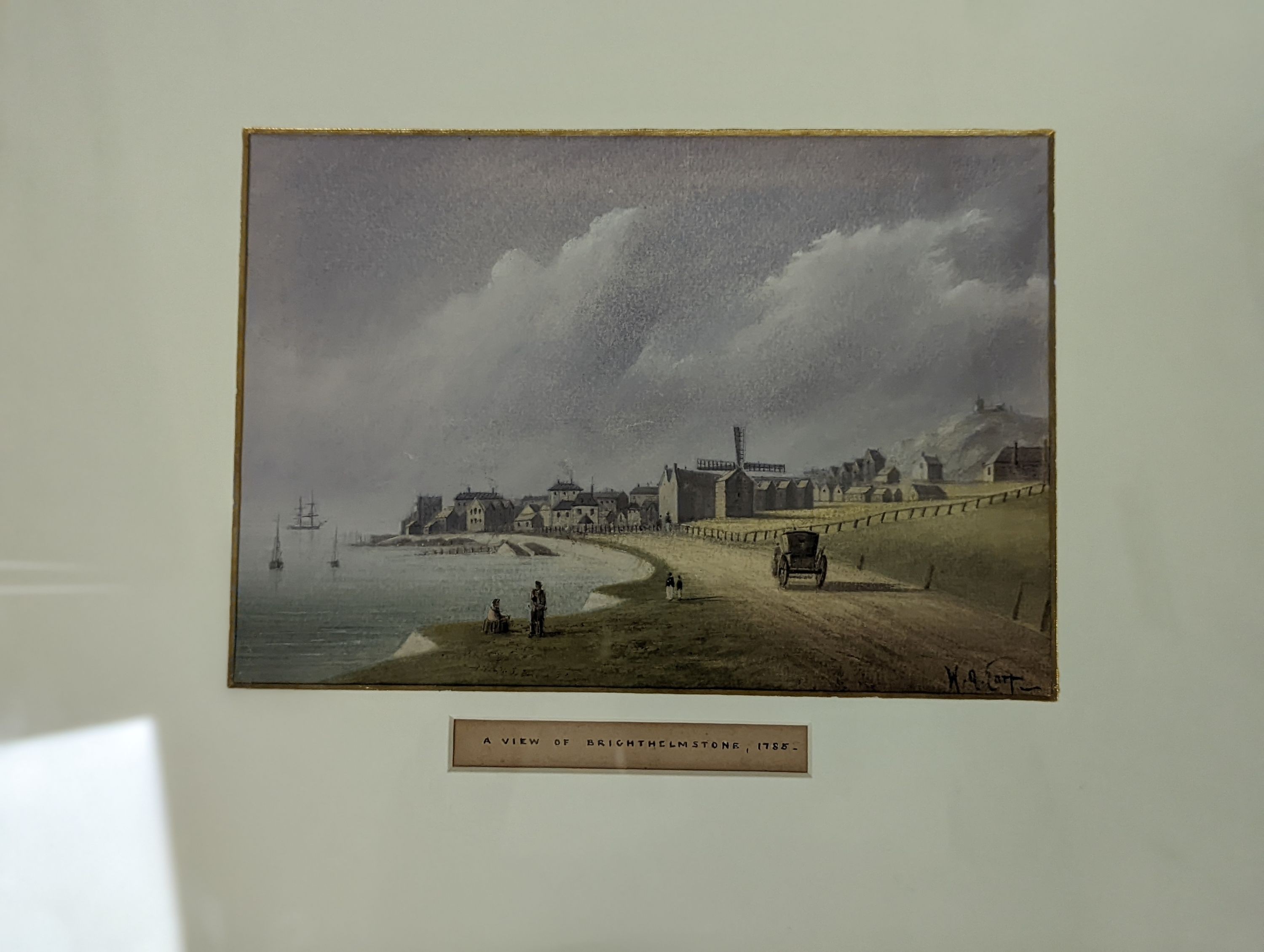 William Henry Earp (1831-1914), four watercolours, A view of Brighthelmstone 1785 and The Chain Pier 1828, The Old Chain Pier and Old Brighton 1810, signed, 15 x 22cm, with two colour prints of London